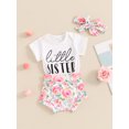 thumbnail image 3 of Bagilaanoe 3Pcs Newborn Baby Girl Shorts Set Short Sleeve Letter Print Romper Tops + Floral Shorts + Headband 3M 6M 12M 18M Infant Casual Summer Clothes, 3 of 8