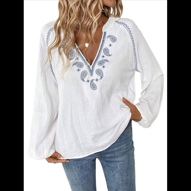 Blusa de Bordada con Cuello en V y Larga Estilo Bohemio para Mujer M