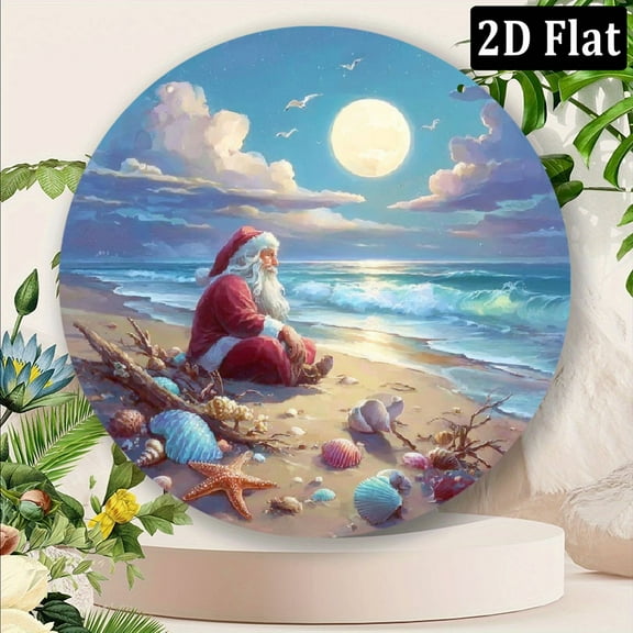 1pc Coastal Christmas Santa Beach Wall Decor - Round Metal Sign with Pre-Adhesive Backing, Weatherproof Indoor_Outdoor Decoration - Santa Claus, Seashells 8*8inch