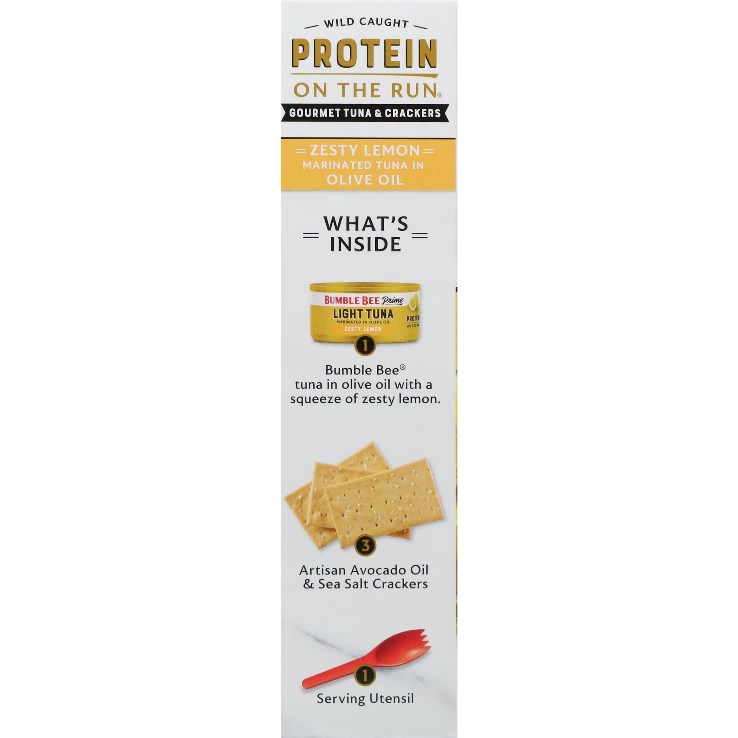 (6 pack) Bumble Bee Prime Protein on The Run Tuna Marinated in Olive Oil and Lemon, Wild Caught, Ready to Eat, 19g Protein per Serving, Shelf Stable Box, 3.5 oz