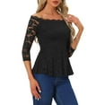 thumbnail image 4 of INSPIRE CHIC Women's Floral Lace Blouse Off Shoulder Sheer 3/4 Sleeve Peplum Top M Black, 4 of 6