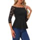 thumbnail image 4 of INSPIRAR CHIC Blusa de Encaje Floral para Mujeres, Off Shoulder, Transparente, Manga 3/4, Top Peplum, M Negro, 4 of 6