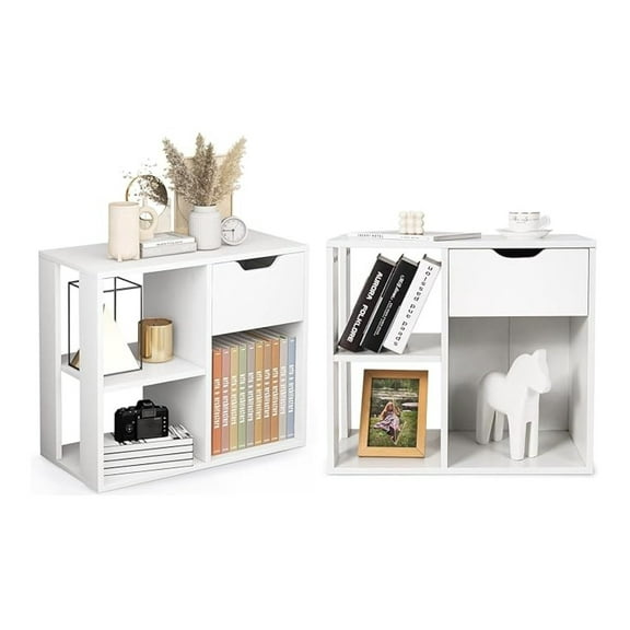 WDZS 3 Cube Bookcase with Drawer, 2 Tier Bookshelf for Small Space, Modern Freestanding Display Rack with Open Shelves, White Book Case, Wood Cube Storage Organizer Bedroom Living Room, 2 Pack