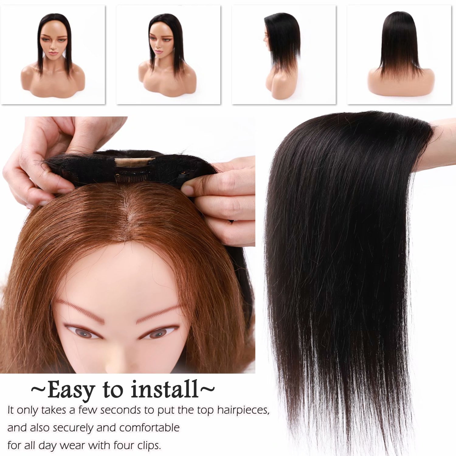 Benehair 100% Real Remy Human Hair Extensions Clip In Topper Toupee Hairpiece Silk Base for Women Hair Loss 12cm*10cm US
