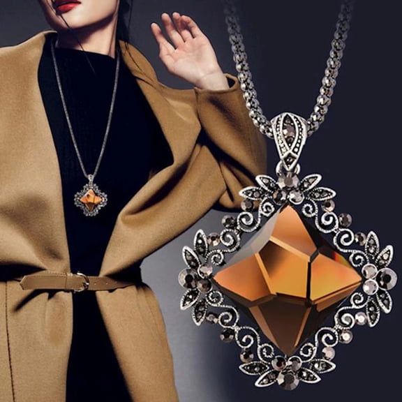 Exquisite Champagne Crystal Flower Pendant Long Sweater Chain Statement Fashion Jewelry Necklace