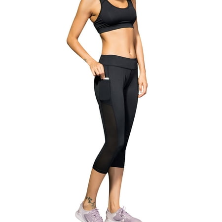 Women Compression Tights Fitness Leggings Running Stretch Yoga Pants with Pocket Activewear Casual Trousers Black Yoga Pants