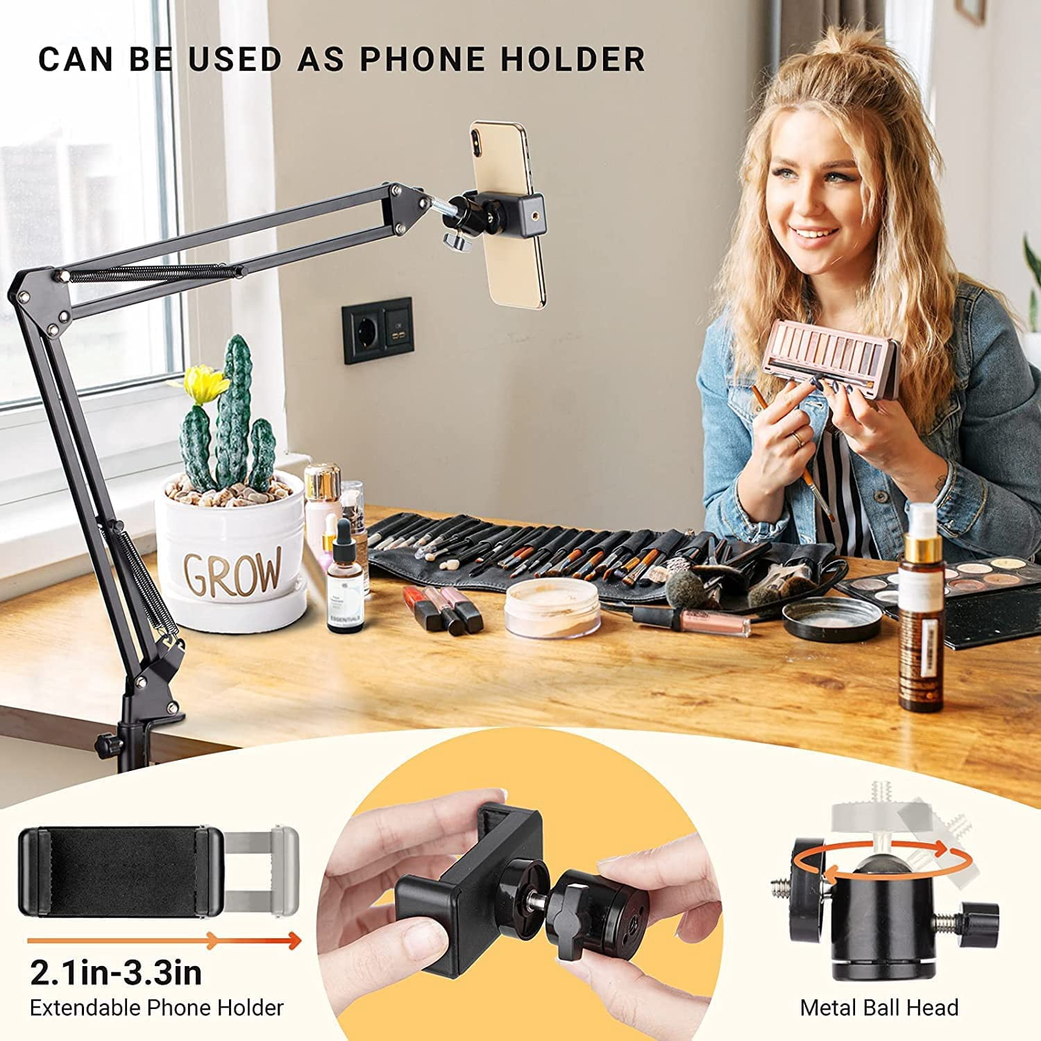 MKEUDQ-2 in 1 Microphone Arm Stand and Phone Stand with Pop Filter 2 Mic Clip and 3/8" to 5/8" Adapter Heavy Duty Adjustable Suspension Boom Scissor Microphone Stand for Blue Yeti Snowball CY0263-1