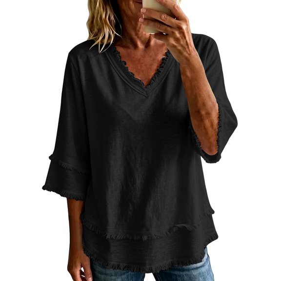 Womens Cotton Linen Shirt 3/4 Length Sleeve V Neck Beach Vacation Tshirts Tunic Tops for Women Summer Blouses for Women Linen Clothing for Women Summer Linen Tops,Black,L