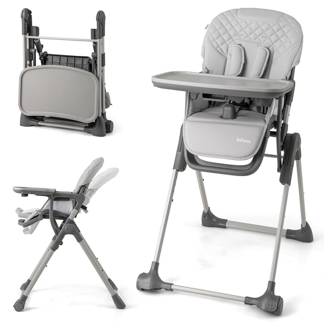 INFANS Baby High Chair, Convertible Quick Folding Portable Highchair for Babies and Toddlers with Adjustable Height Backrest Footrest 2 Wheels Removable Tray, Easy to Clean PU Seat