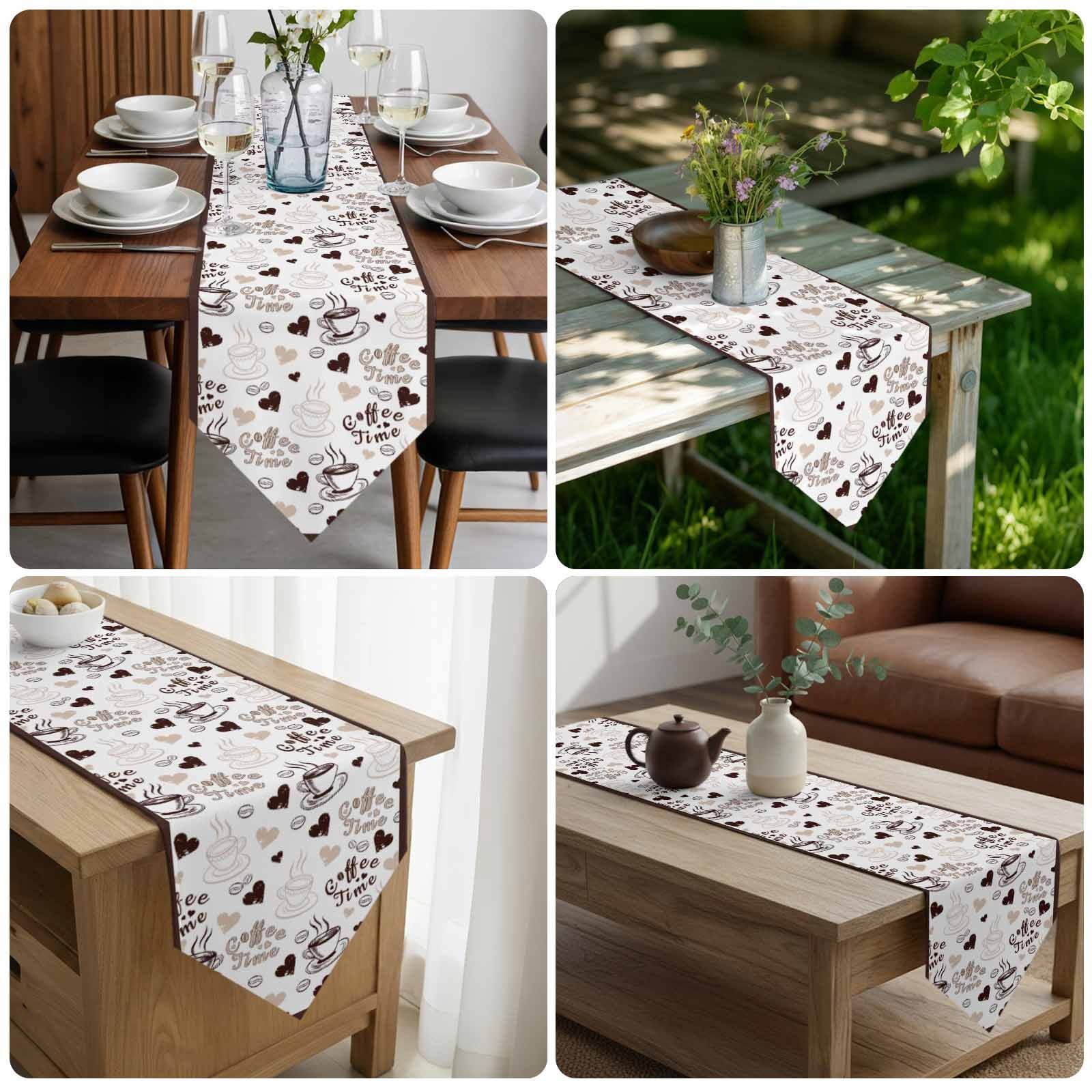 Farmhouse Coffee Cup Table Runner Linen Burlap Table Runner 120 Inches Long Vintage Coffee Beans Love Heart Dresser Scarves for Kitchen Island Coffee Dining Party Wedding Holiday Decor 13"x120"