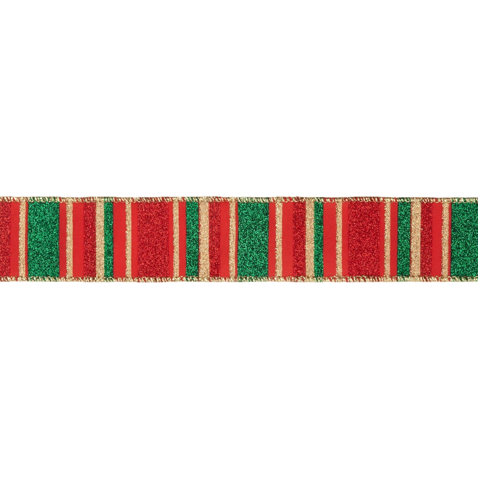 LaRibbons 1 1/2" Wired Ribbon, Red, Green, Gold Horizontal Glittered Stripes on Red, 10 Yard Roll
