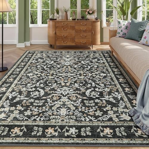 Black Area Rug 8x10 for Living Room, Washable Non Slip Low Pile Rugs, Floral Soft Carpet for Living Room, Bedroom, Dining Room