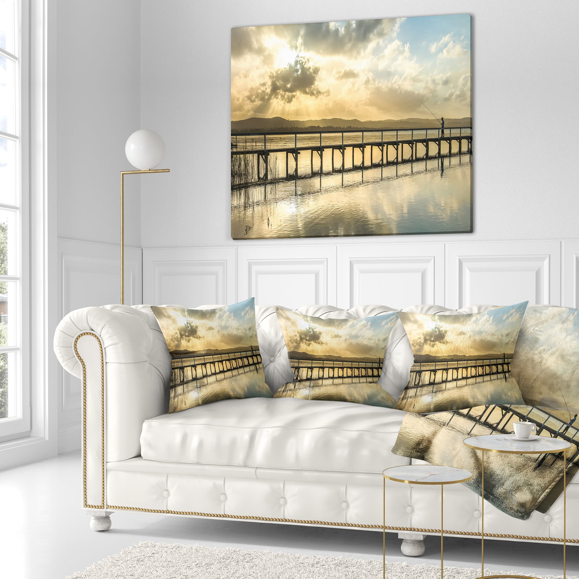 Designart Long Jetty Foreshore Reserve Panorama - Sea Bridge Throw Pillow - 16x16