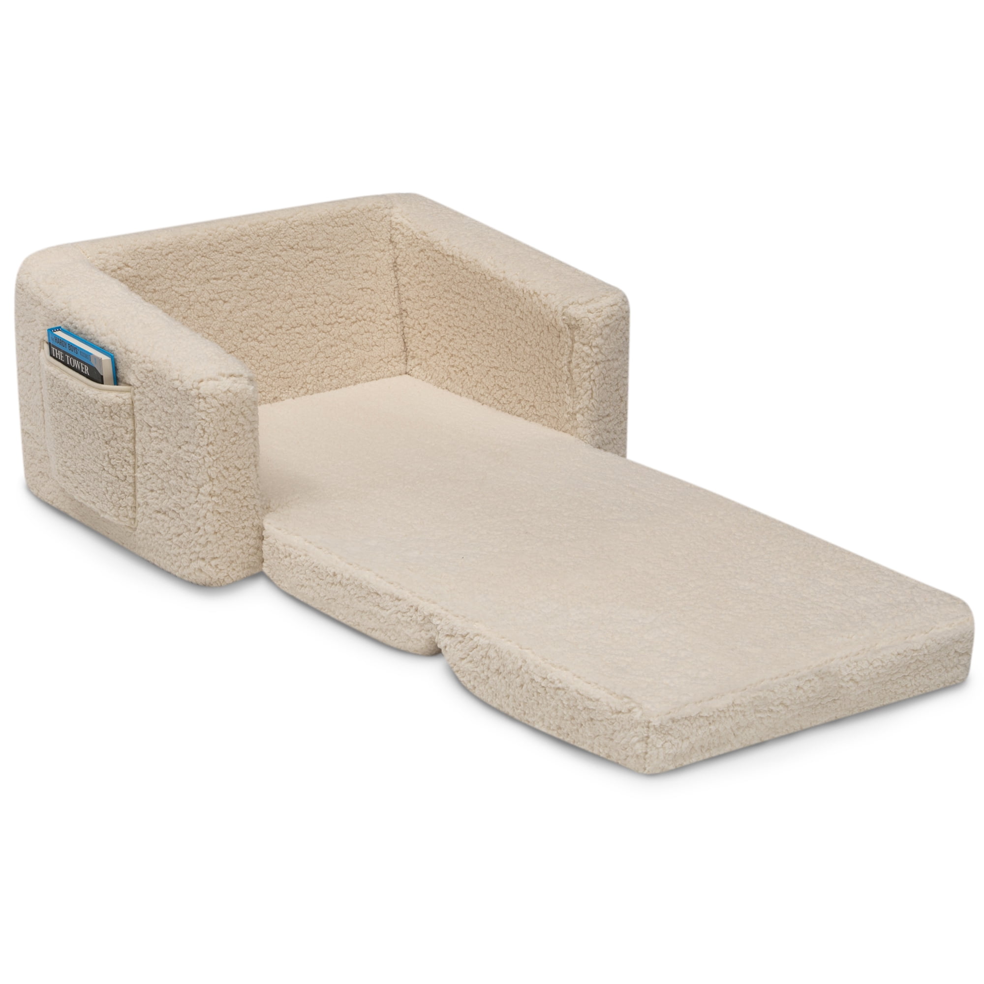 Delta Children Cozee Flip-Out Sherpa 2-in-1 Convertible Chair to Lounger for Kids, Cream