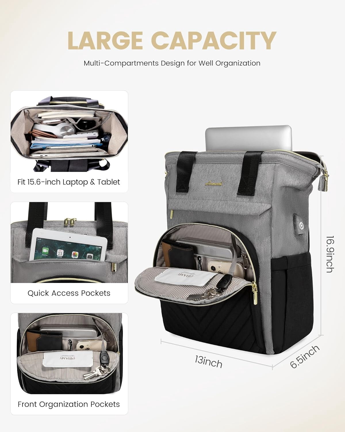 Laptop Backpack for Women, 15.6 Inch Work Laptop Bag，Waterproof Teacher Nurse Bag with USB Port, Fashion Travel Bag Business Computer Backpack Purse,Beige-Khaki