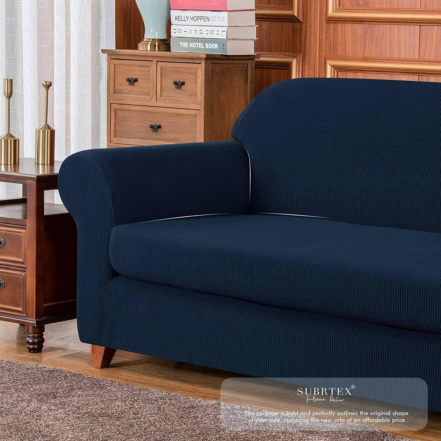 Subrtex Stretch 2-Piece Textured Grid Sofa Slipcover Jacquard Non Slip Couch Cover (Navy, Armchair)