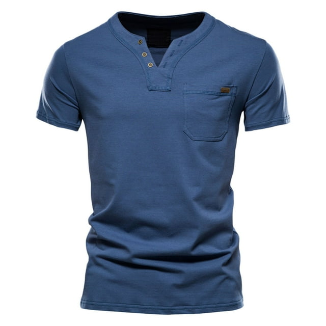 Tiweut Casual Blouses Mens Mens Fashion Solid Color V Neck Button Short Sleeve Slim Fit Man Tees Dark Blue,M