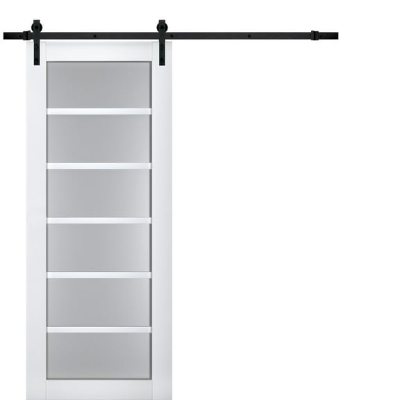 Sturdy Barn Door Frosted Glass | Veregio 7602 White Silk | 6.6FT Rail Hangers Heavy Hardware Set | Solid Panel Interior Doors-36" x 96"-Black Rail