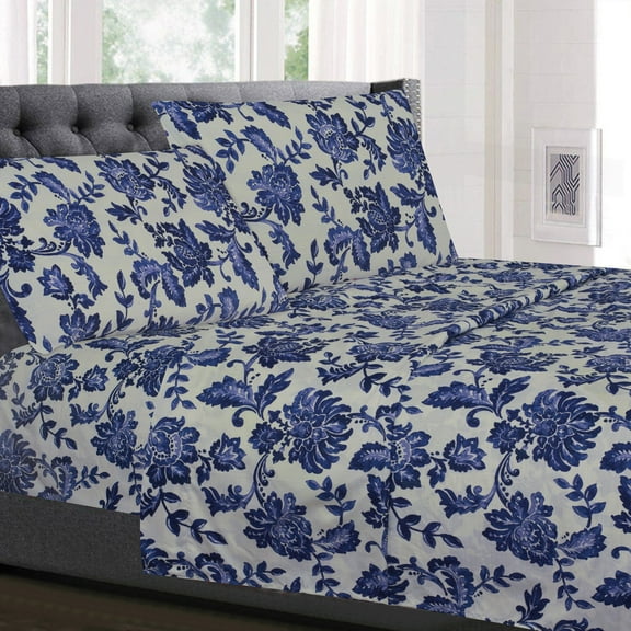 Sweet Home Collection Tuscany Navy Floral Pattern 4-Piece Bed Count Sheet Set - Queen