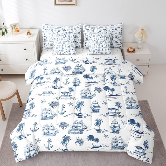 Erosebridal Palm Tree Bed In A Bag Full Size For Teens,Anchor Boat Bed Set,Nautical Room Decorative,Reversible,Breathable,7-Piece