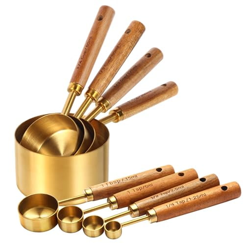 Gold Measuring Cups and Spoons Set,8 Piece Premium Stainless Steel Measuring Cups with Wood Handles,4 Stackable Wooden Measuring Cups and 4 Measuring Spoons Set for Baking Supplies in the Kitchen