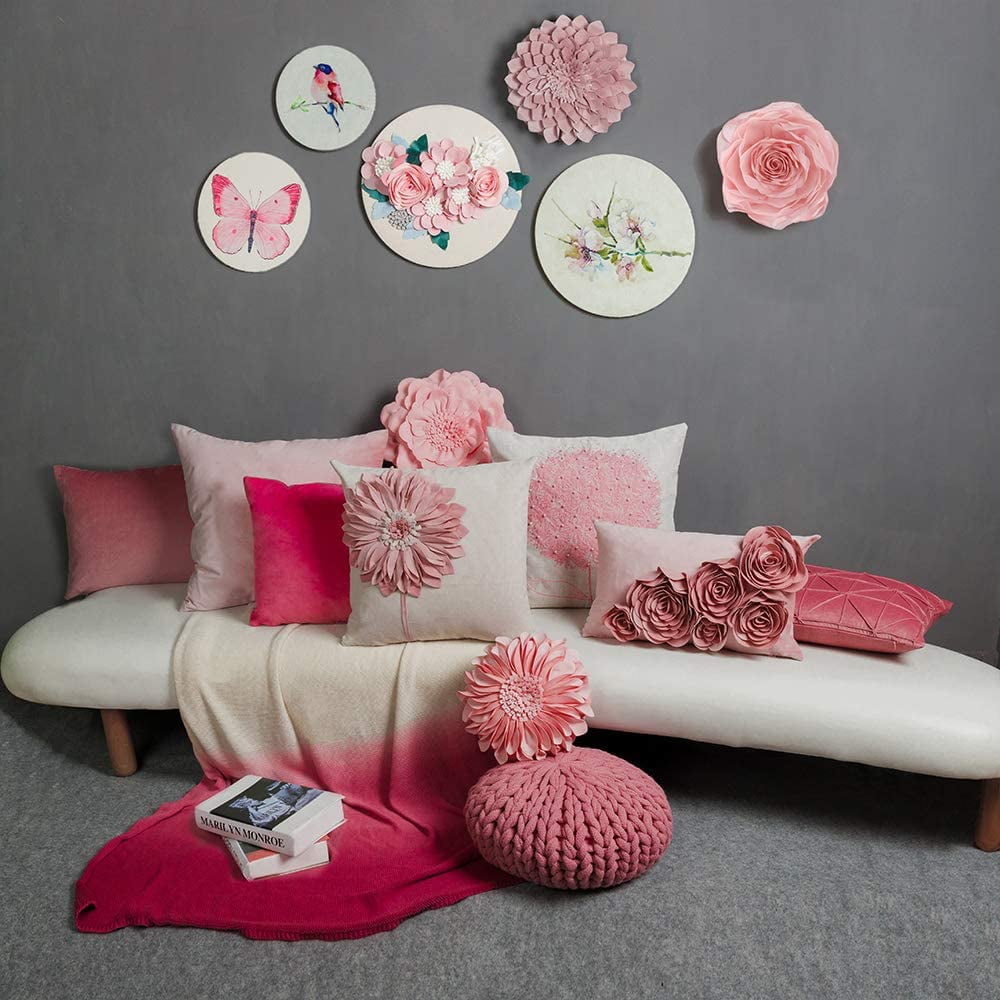 JWH 3D Handmade Square Flower Throw Pillow Cases for Room Sofa Bedding Couch Decoration 18x18inch Pink No Insert