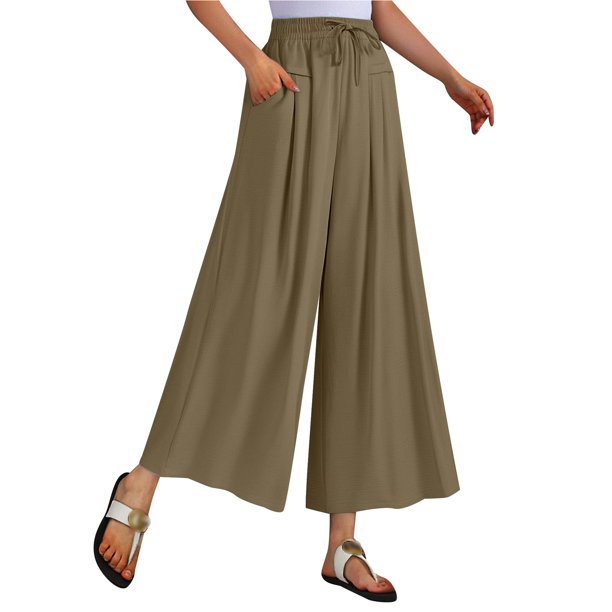 Pantalones palazzo anchos para mujer: cintura alta con cordón, bolsillos, poliéster, verano, playa, tallas M-XXL