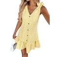 thumbnail image 3 of Women'S Spring V Neck Sleeveless Jacquard Sundresses Button Decoration Flowy Summer Dresses for Women Yellow M, 3 of 10
