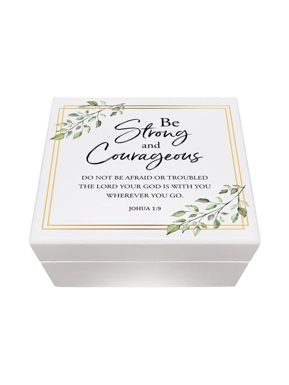 Modern Inspirational White Jewelry Keepsake Box for Children 6x5.5 - Be Strong and Courageous