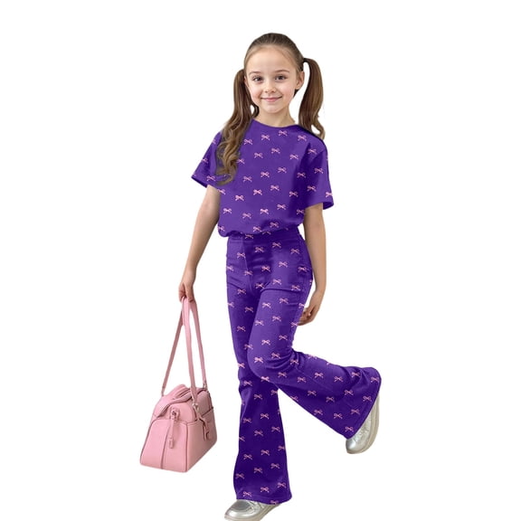 LPKRT Girls 2 Piece Matching Clothing Set Fashion Print Short Sleeve Sets With Flared Pants Stretch Fit Fashionable Versatile Outfits Sets Purple 7-8 Years
