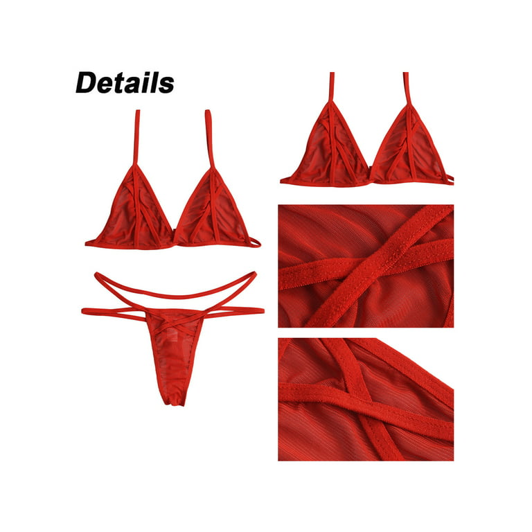 XXLvision Women Sexy Bikini 2 Piece Lingerie Set Mesh See Through Bra Set  Lace Up Underwear
