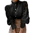 thumbnail image 1 of Women’s Lace Long Puff Sleeve Top Stand Collar Pearl Button Solid Color Blouse Shirt, 1 of 4