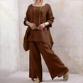 thumbnail image 6 of qILAKOG Women's Autumn Cotton Linen Set Womens Plus Size 2 Piece Lounge Sets Long/Short Sleeve Pockets Shirt and Elastic Waist Wide Leg Pants Sets Streetwear Casual Tracksuit, L&Coffee, 6 of 7