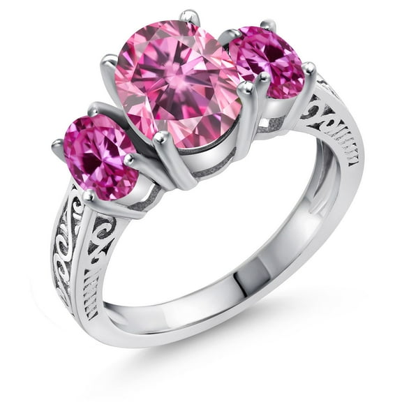 Gem Stone King 925 Sterling Silver Oval Pink Moissanite and Created Sapphire Pink 3-Stone Women Ring (3.00 Cttw, Size 6)
