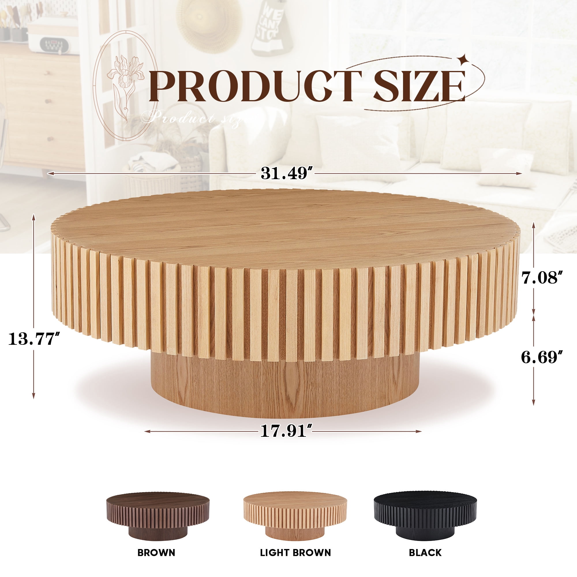 Muumblus 31.5" Round Wood Coffee Table, Modern Unique Fluted Accent Center Table for Living Room, Natural Ash