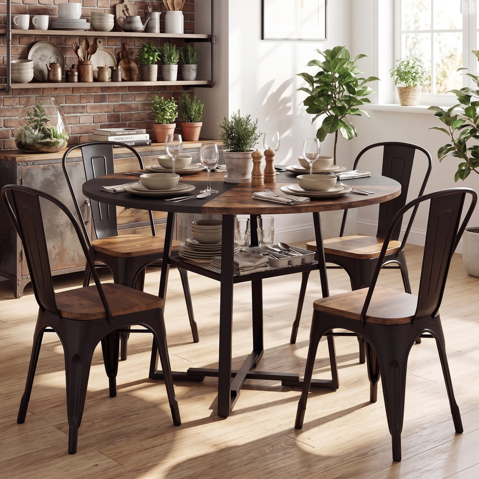 Furnibear 47.5" Round Dining Table for 4-6 with Storage Shelf, Metal Legs and Rubber Wood Frame, Farmhouse Kitchen Dinette Table with Mesh Shelf for Home, Rustic Brown