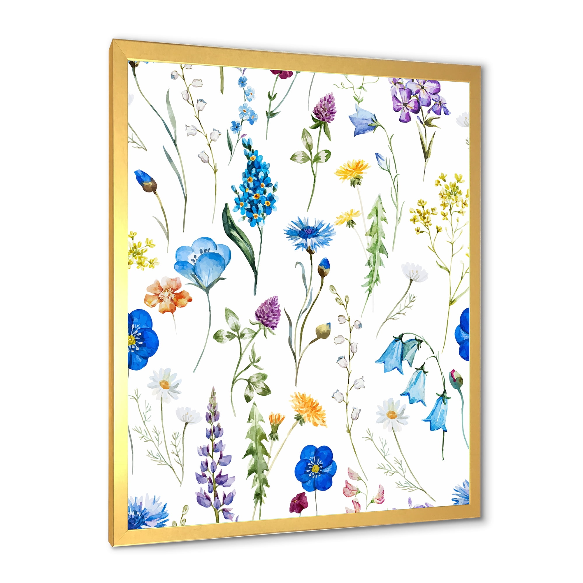 Designart 'Blue Wildflowers With Leaves I' Traditional Framed Art Print
