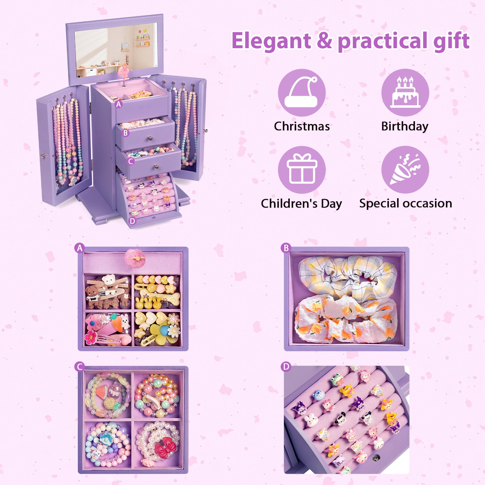 Sfugno Music Jewelry Box for Girls, Wooden Jewelry Boxes & Organizers with Mirror, 4 Layer Jewelry Organizer Box Display for Rings Necklaces Bracelets,Purple
