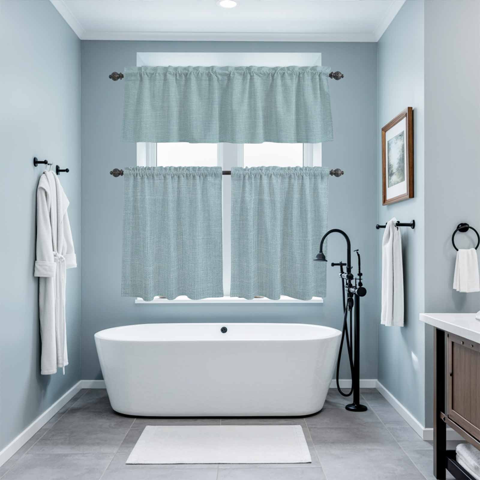 Vintage Haze Blue Kitchen Curtains Sets for Windows 36 Inch Length, Farmhouse Retro Solid Color Linen Texture Rod Pocket Window Treatments Tier Curtains and Valances Set for Bedroom/Bathroom