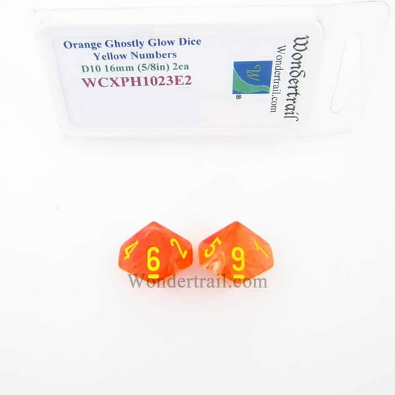 Orange Ghostly Glow Dice with Yellow Numbers D10 16mm (5/8in) Pack of 2 Wondertrail