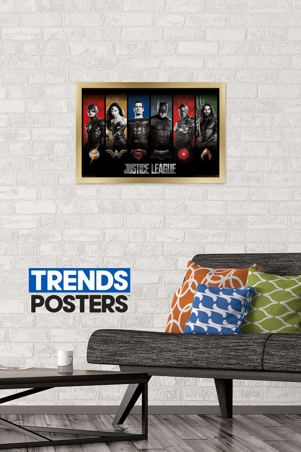DC Comics Movie - Justice League - Heroes and Logos Wall Poster, 14.725" x 22.375", Framed