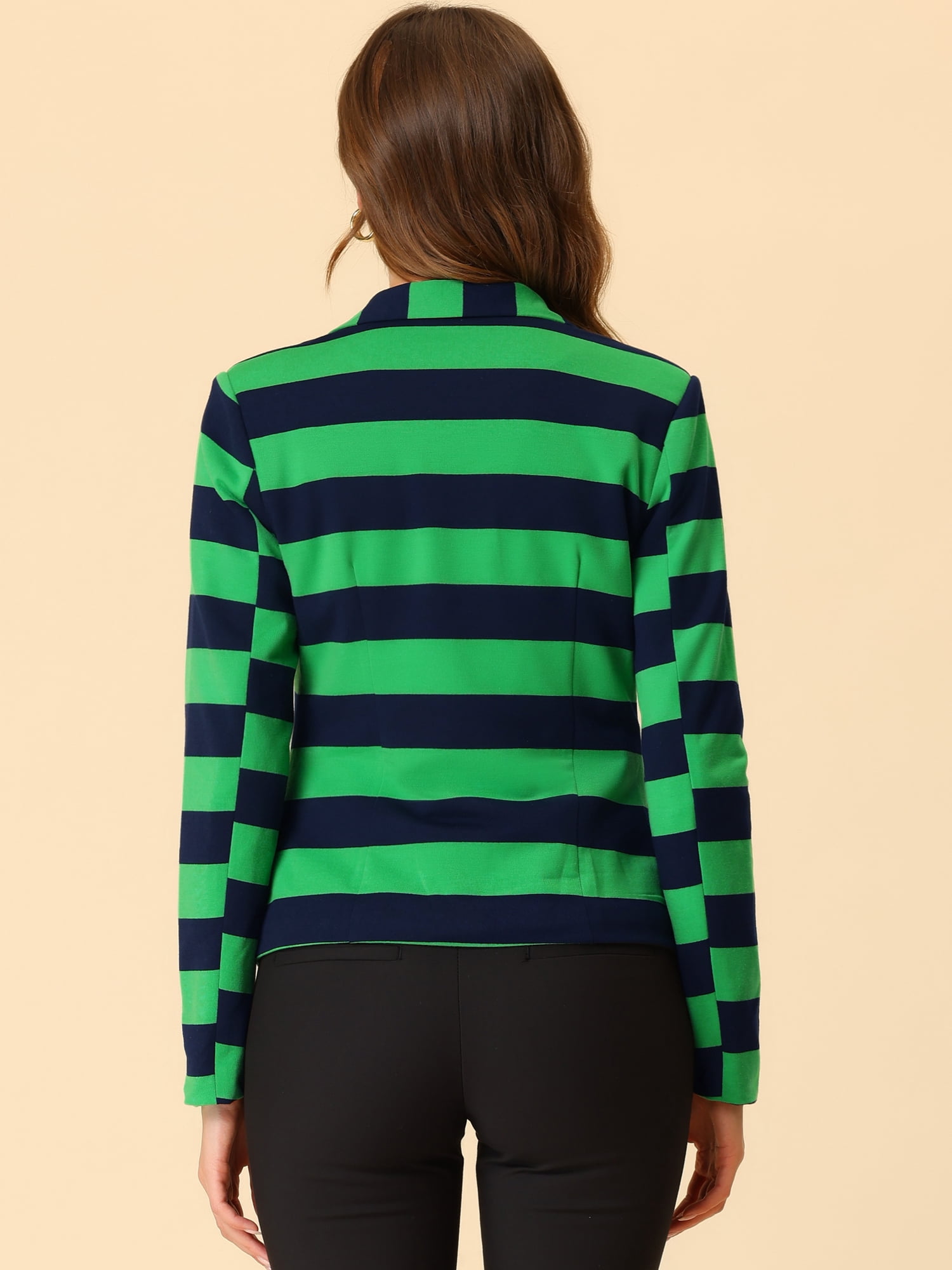 DARING DIVA Women's Striped Notched Lapel Button Closure Blazer S Green Navy