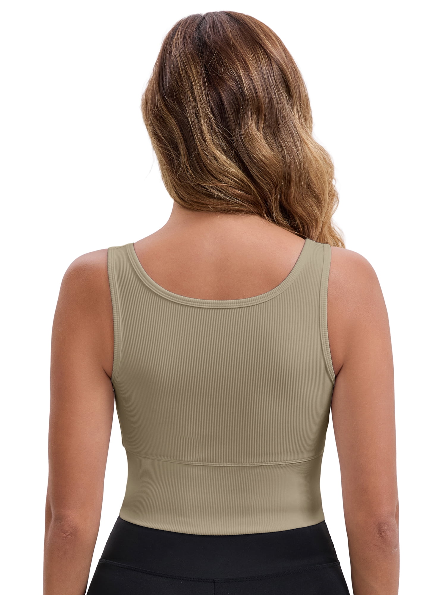 DARING DIVA Ribbed Sports Longline Push Up Crop Wide Strap Bras M Khaki