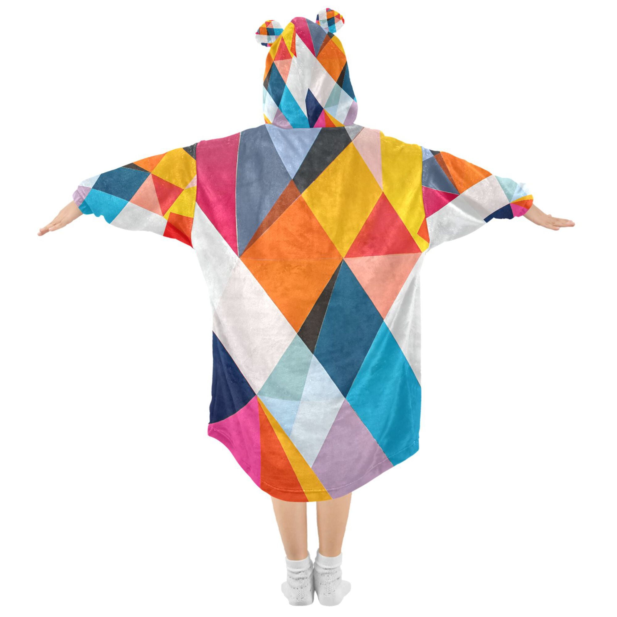 FORMRS Wearable Blanket Hoodie with Sleeves for Kids Cozy Flannel Sweatshirt, Colorful Triangles