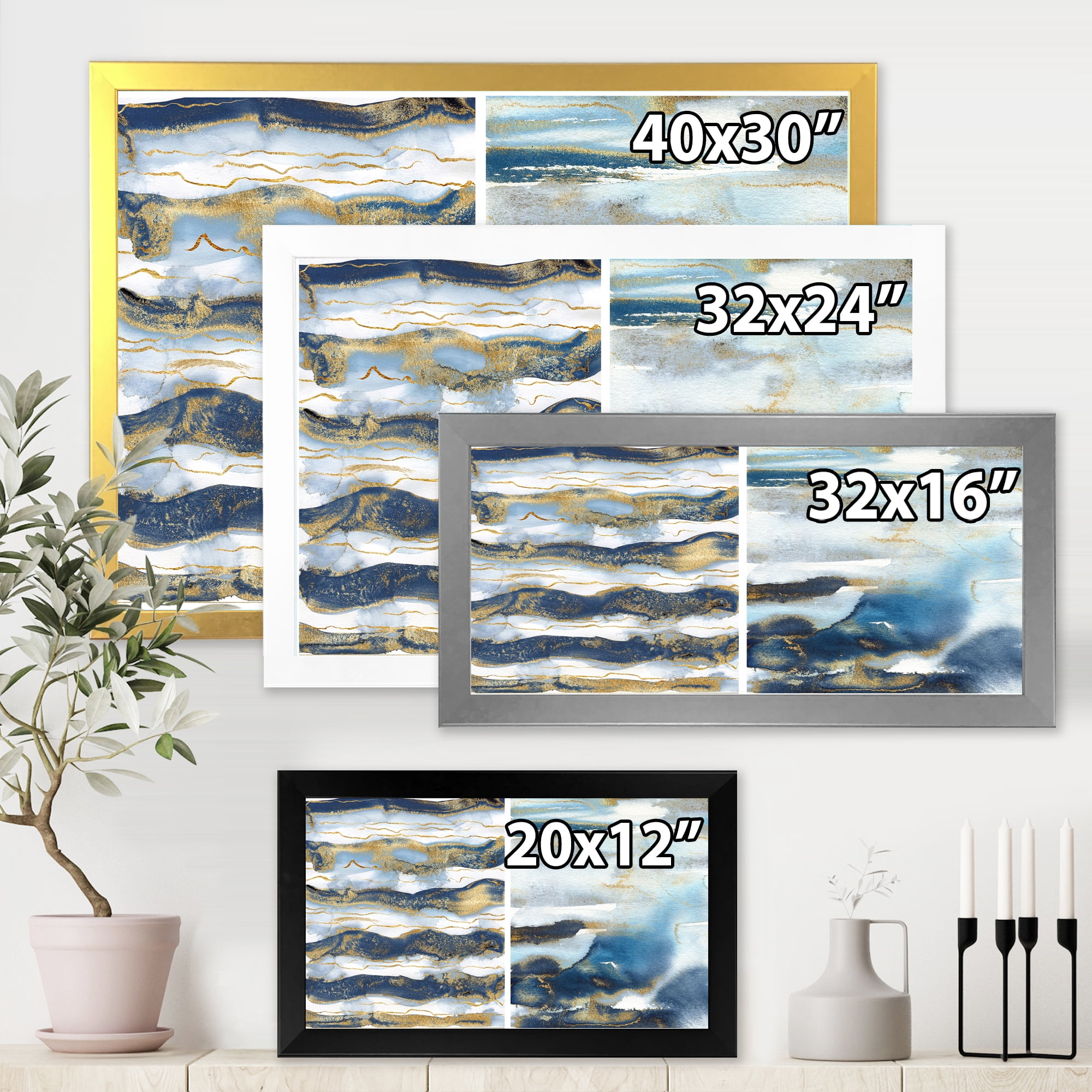 Designart 'Gold and Dark Blue Abstract Waves II' Modern Framed Art Print