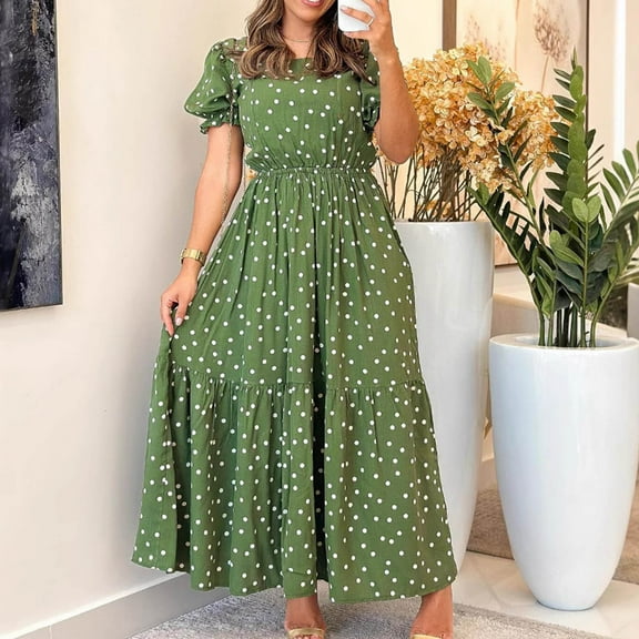 QUNYINEY Casual Women Dresses Polka Dot Puff Short Sleeve A-Line Dress Empire Waist Crew Neck Flowy Maxi Sundress