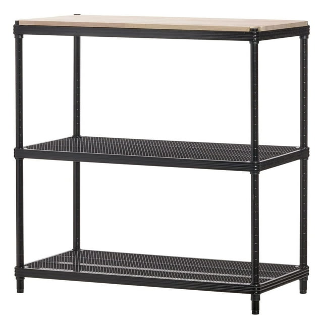 Design Ideas MeshWorks Shelving Rack, Metal Shelf Unit with Wood Top, Black