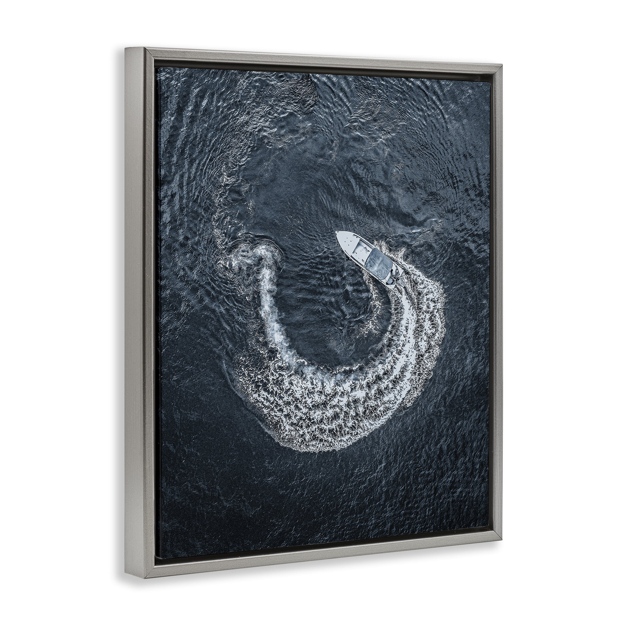 Stupell Industries Boat Circling Water Transportation Photography Gray Floater Framed Canvas Art Print Wall Art, 17 x 21