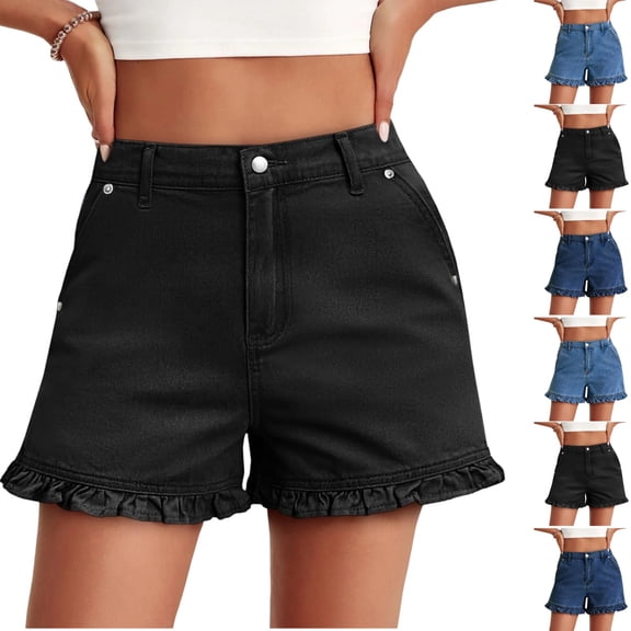 UDAUDU Denim Shorts Women High Waisted 2026 Summer Ruffle Shorts Casual Cute Cotton Outdoor Short Jeans with Pockets Black S