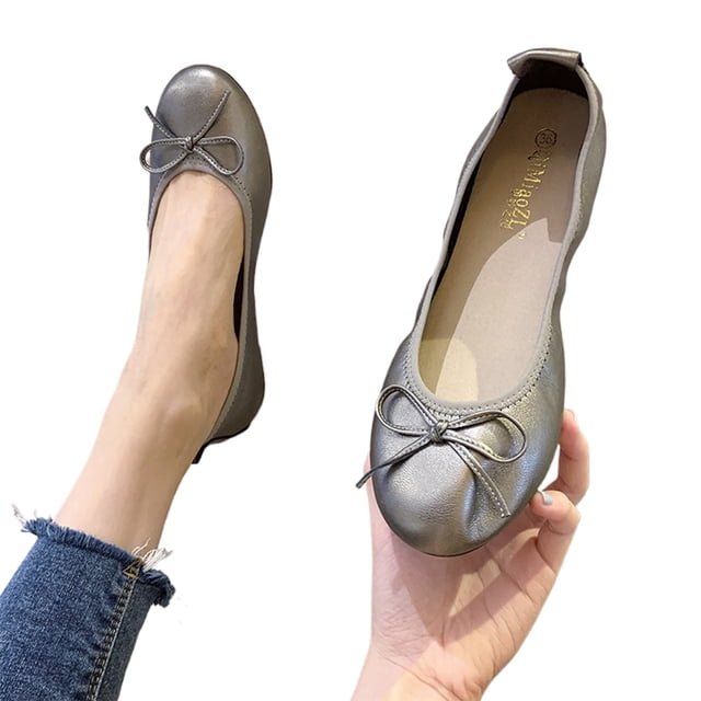 Zapatos Casuales Verano Mocasines Ballet Flats Bowknot Punta Redonda Color Sólido para Mujeres